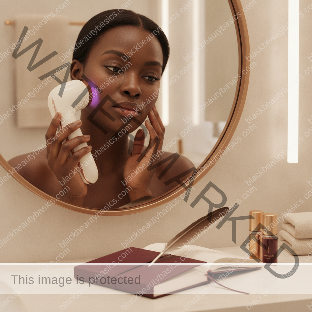 Melanin-rich Black woman with rich brown skin in a calm mirror or note-taking moment