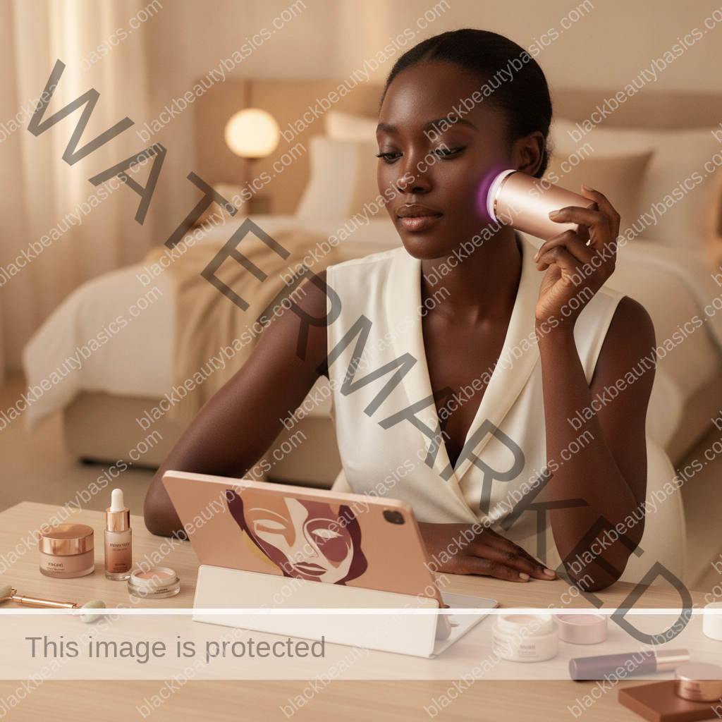 Melanin-rich Black woman with rich brown skin in a warm editorial beauty-care moment for Are Skin-Analysis Apps Accurate on Dark Skin?