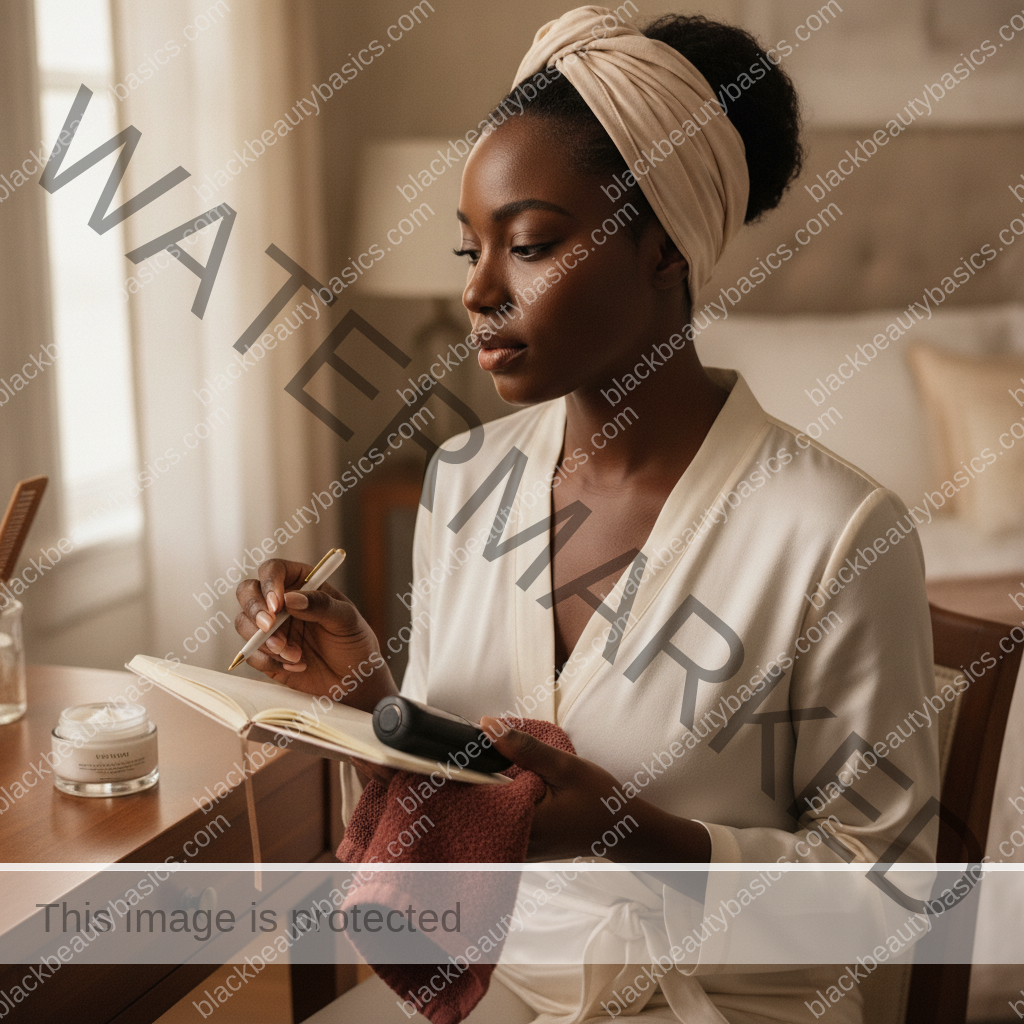 Melanin-rich Black woman with rich brown skin using a gentle care or planning step with natural hands and correct anatomy