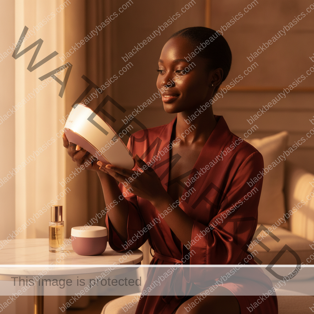 Melanin-rich Black woman with rich brown skin relaxed after a calm skincare or hair-care routine