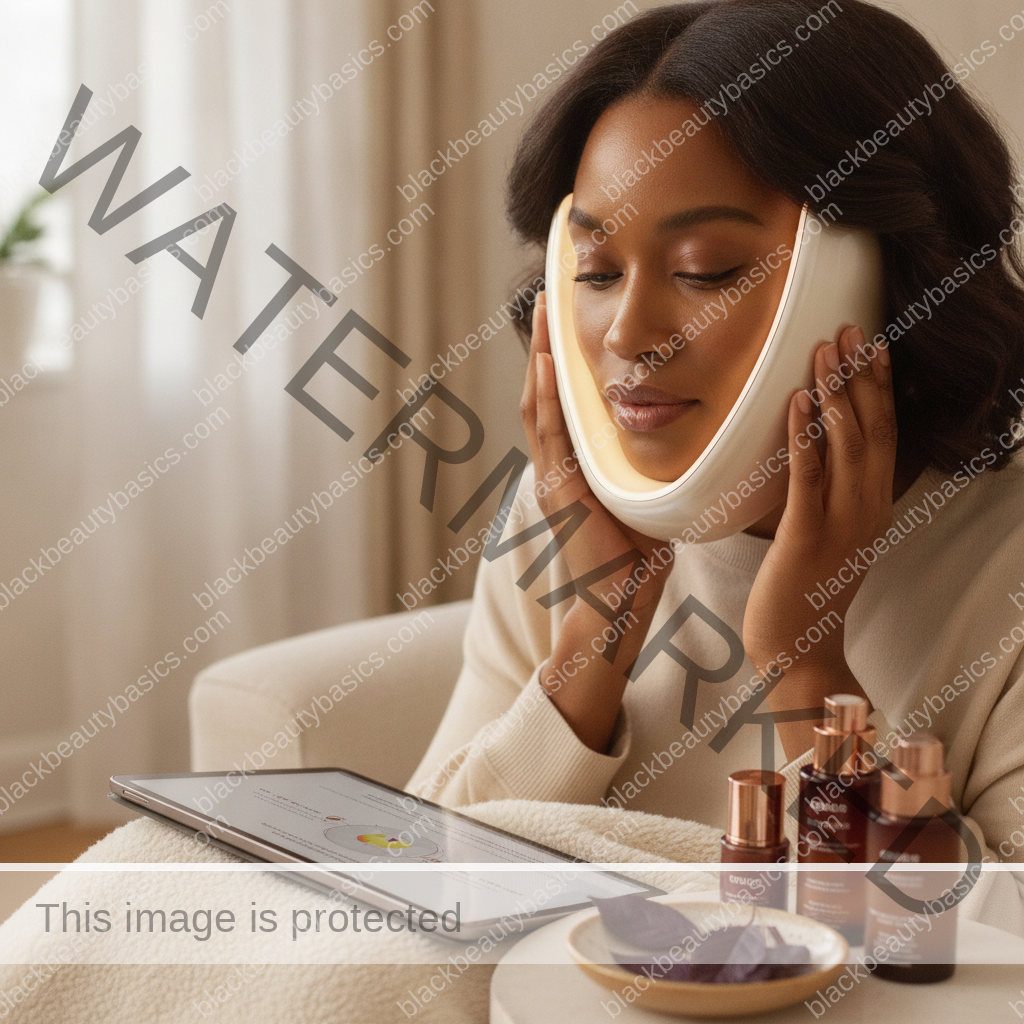 Melanin-rich Black woman with rich brown skin in a practical context for At-Home LED Devices for Deep Skin: Realistic Expectations