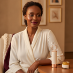 Melanin-rich Black woman seated beside an at-home LED device with her rich brown skin clearly visible