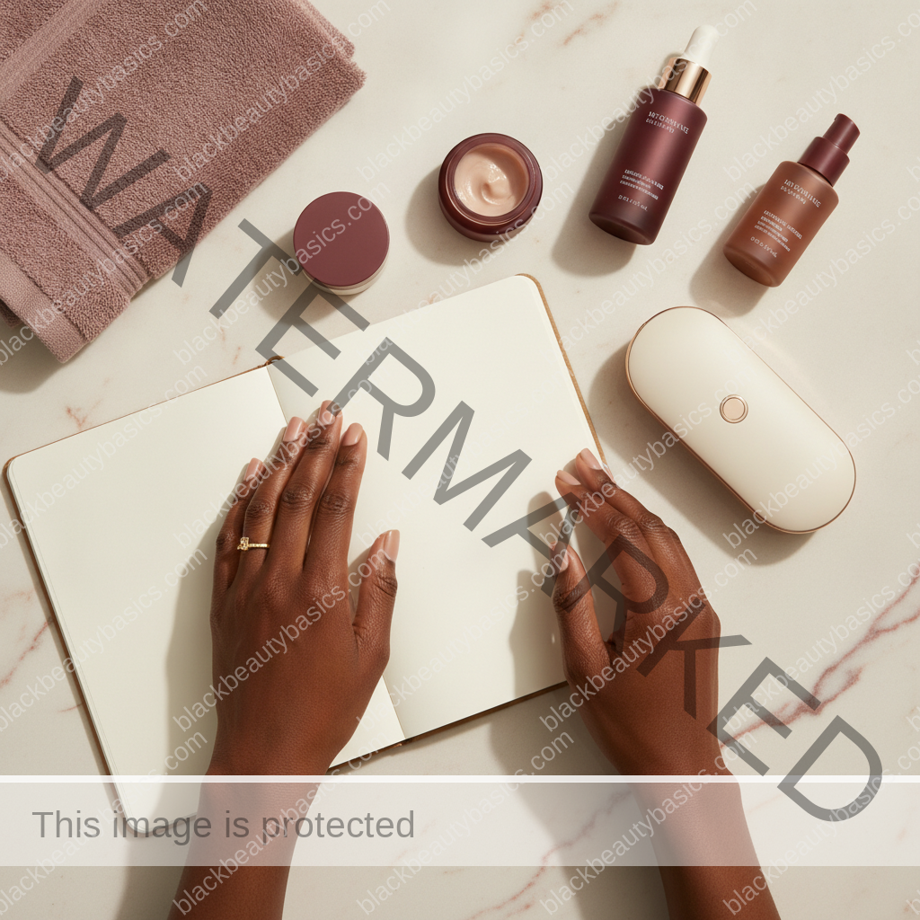 Beauty-care essentials for At-Home LED Devices for Deep Skin: Realistic Expectations in ivory plum bronze and soft gold tones