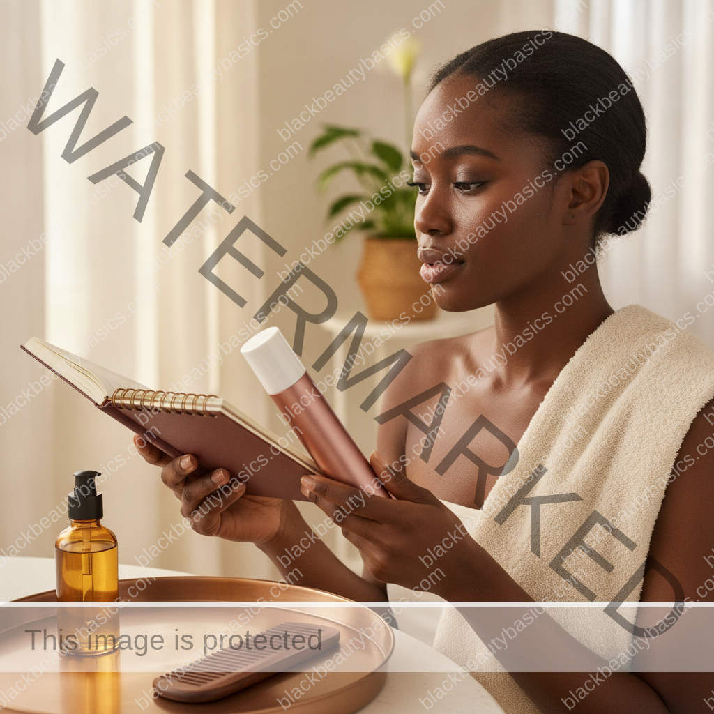 Melanin-rich Black woman with rich brown skin using a gentle care or planning step with natural hands and correct anatomy
