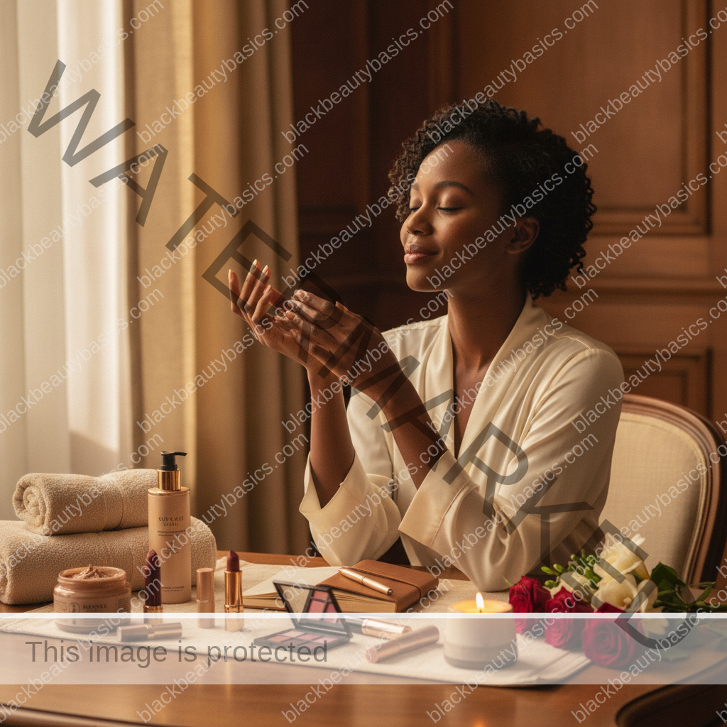 Melanin-rich Black woman with rich brown skin relaxed after a calm beauty ritual