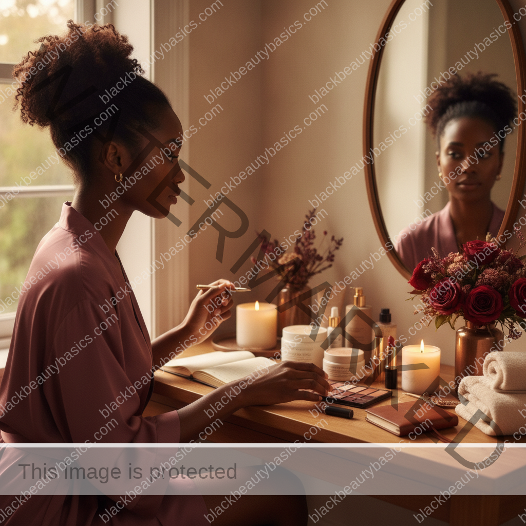 Melanin-rich Black woman with rich brown skin arranging beauty products in a realistic ritual setting