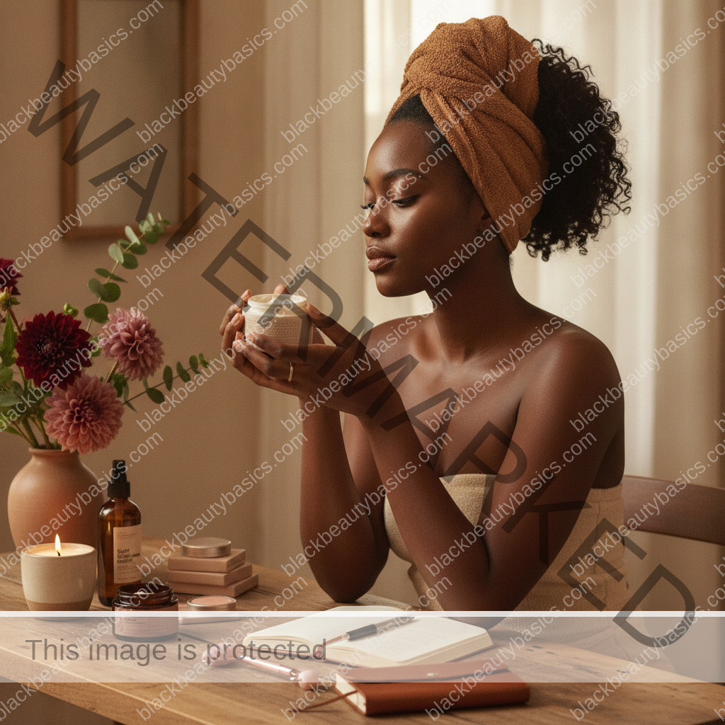 Melanin-rich Black woman with rich brown skin in a calm self-care ritual moment