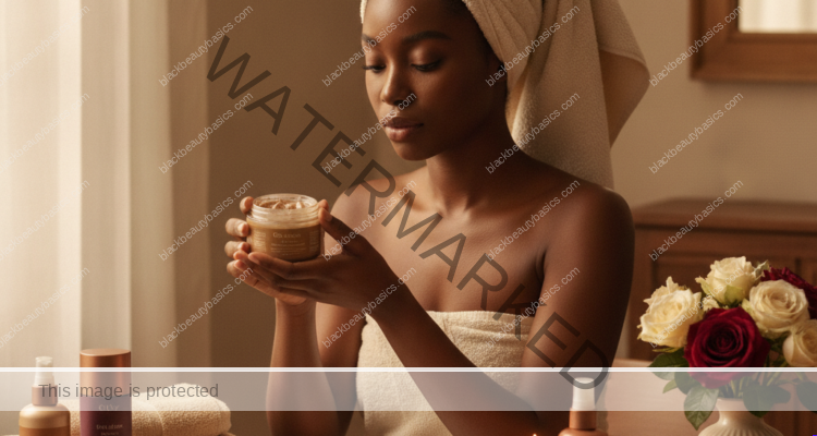 Melanin-rich Black woman with rich brown skin in a warm editorial beauty ritual moment for Beauty Habits Black Women Learned From Aunties That Still Hold Up