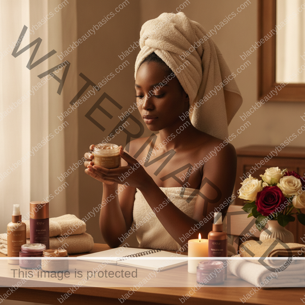 Melanin-rich Black woman with rich brown skin in a warm editorial beauty ritual moment for Beauty Habits Black Women Learned From Aunties That Still Hold Up