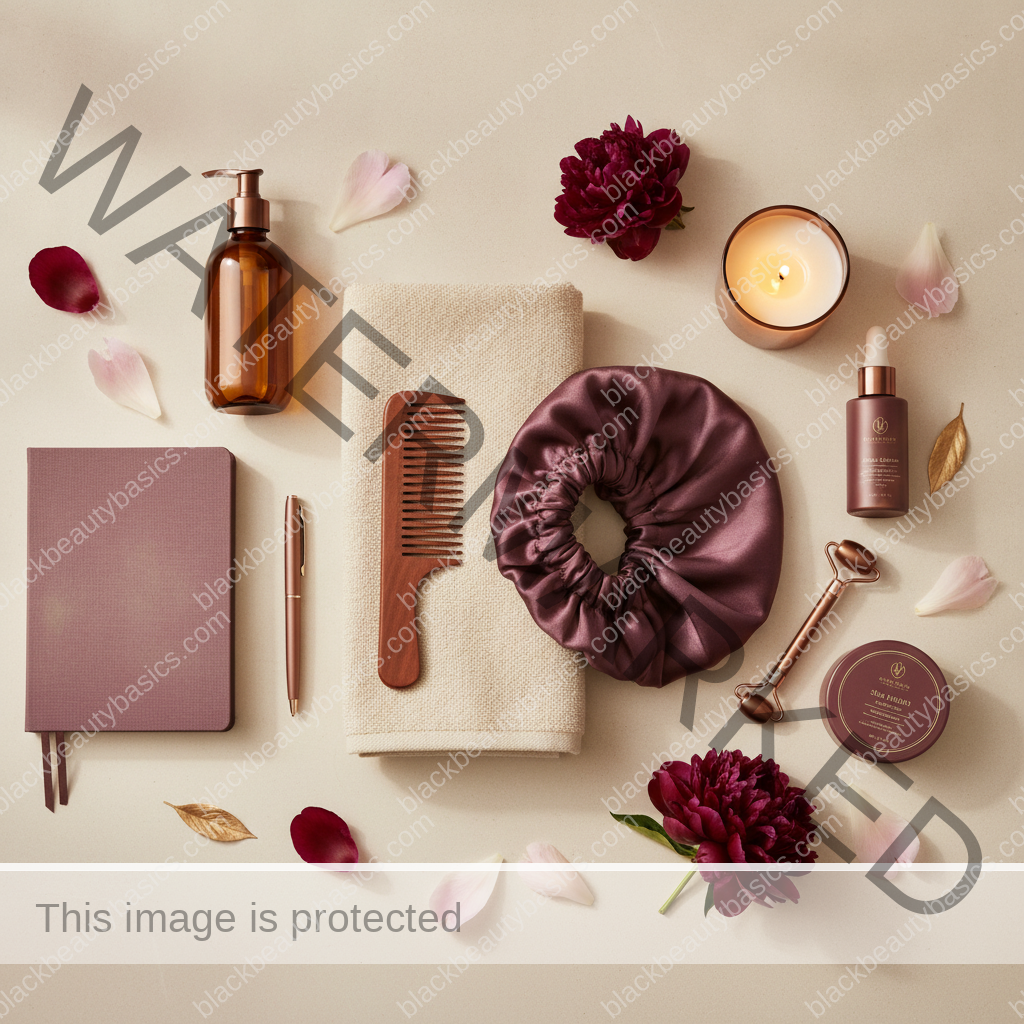 Clean self-care and beauty ritual flat lay for Beauty Habits Black Women Learned From Aunties That Still Hold Up in ivory plum bronze and soft gold tones