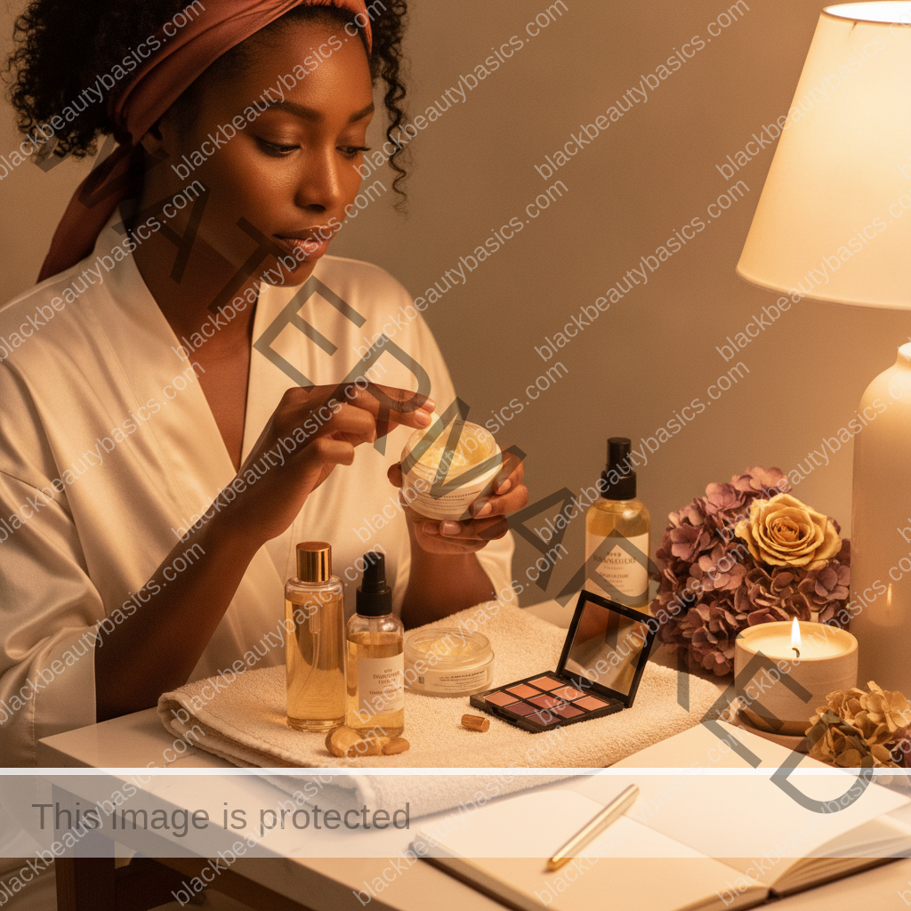 Melanin-rich Black woman with rich brown skin completing a gentle beauty ritual step with natural hands