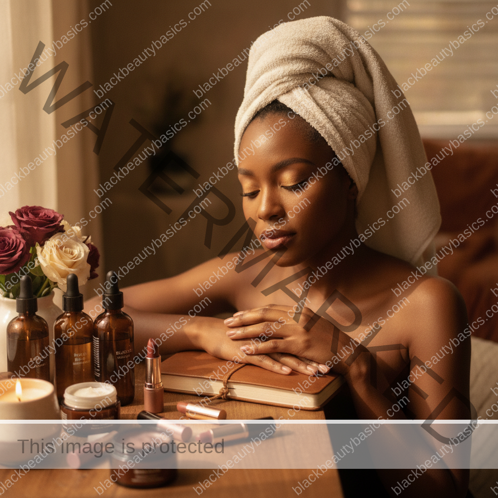 Melanin-rich Black woman with rich brown skin relaxed after a calm beauty ritual