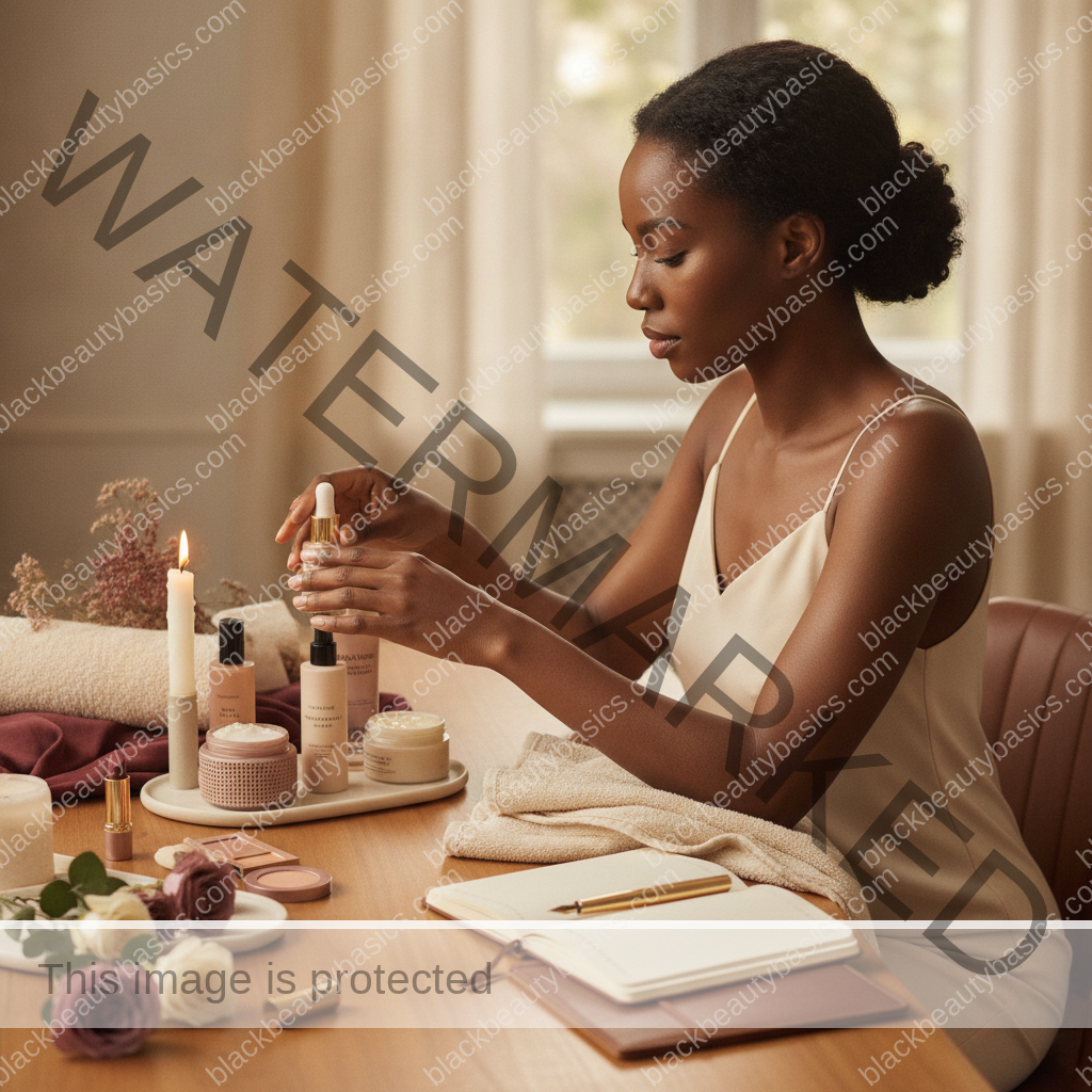 Melanin-rich Black woman with rich brown skin arranging beauty products in a realistic ritual setting