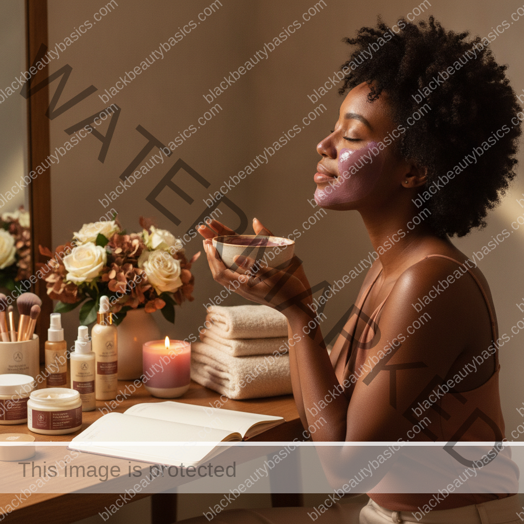 Melanin-rich Black woman with rich brown skin in a calm self-care ritual moment