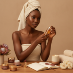 Melanin-rich Black woman with rich brown skin in a warm editorial beauty ritual moment for Beauty Rituals After Grief, Stress, or a Hard Season