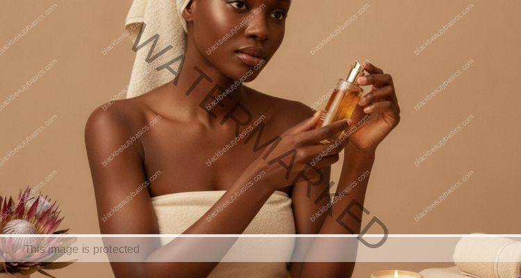 Melanin-rich Black woman with rich brown skin in a warm editorial beauty ritual moment for Beauty Rituals After Grief, Stress, or a Hard Season