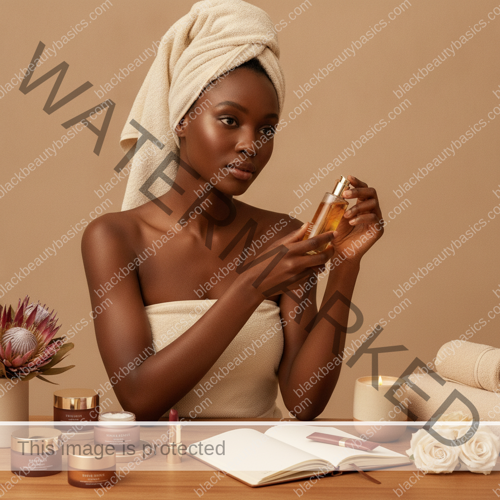 Melanin-rich Black woman with rich brown skin in a warm editorial beauty ritual moment for Beauty Rituals After Grief, Stress, or a Hard Season