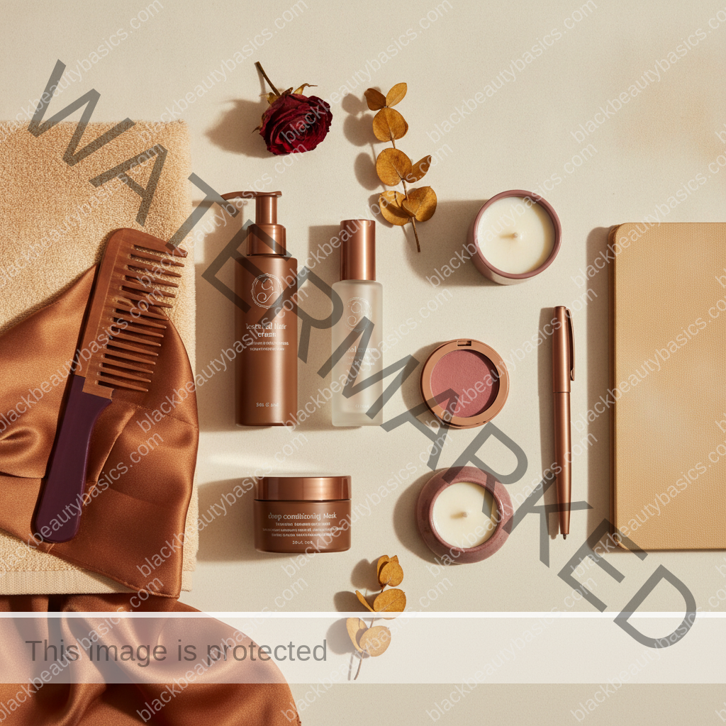 Clean self-care and beauty ritual flat lay for Beauty Rituals After Grief, Stress, or a Hard Season in ivory plum bronze and soft gold tones