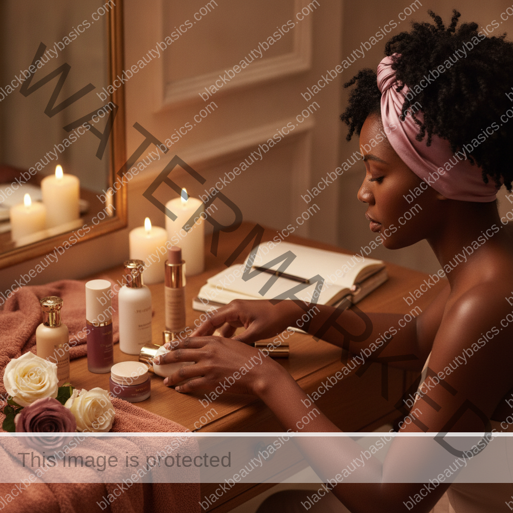 Melanin-rich Black woman with rich brown skin completing a gentle beauty ritual step with natural hands