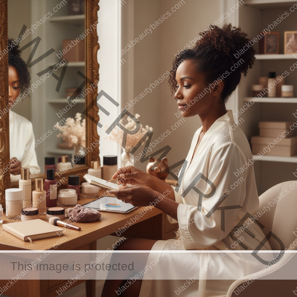 Melanin-rich Black woman with rich brown skin navigating beauty choices in a realistic editorial setting