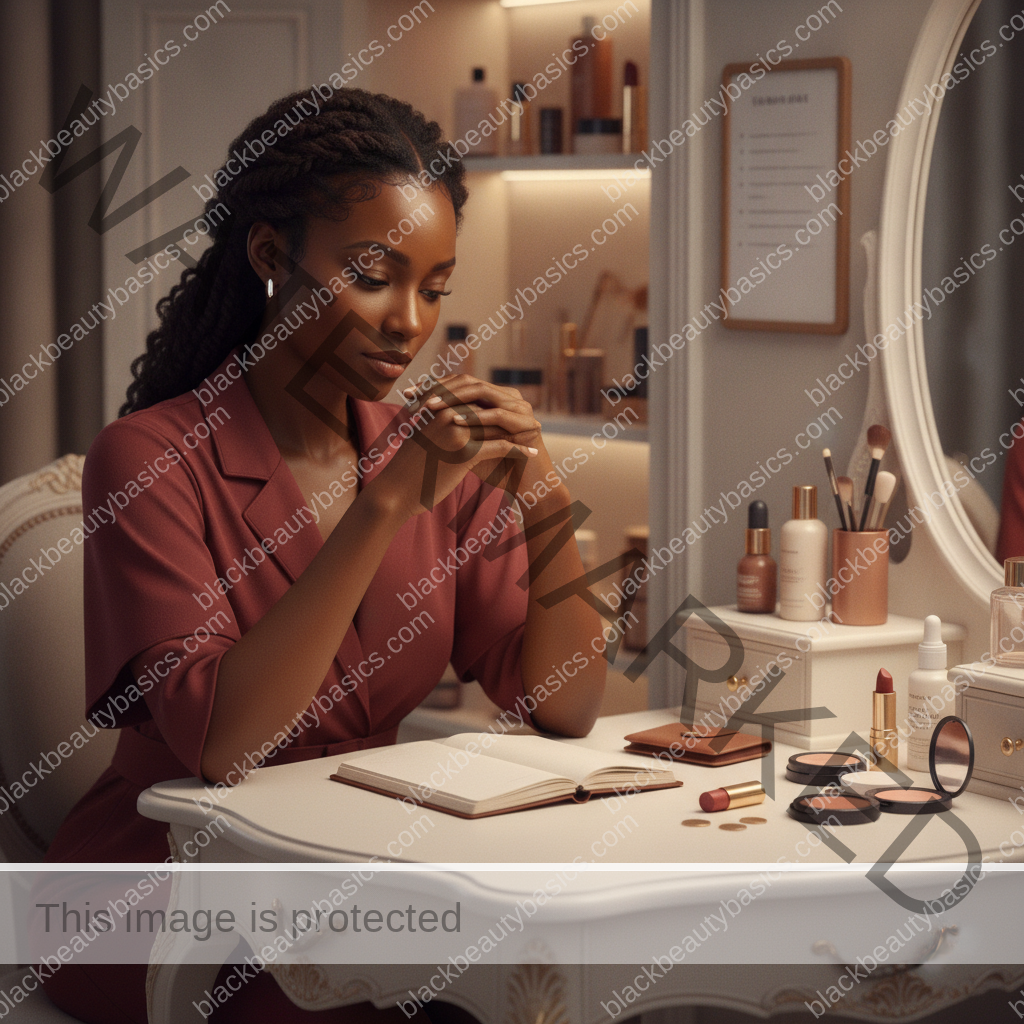 Melanin-rich Black woman with rich brown skin in a calm reflective beauty moment