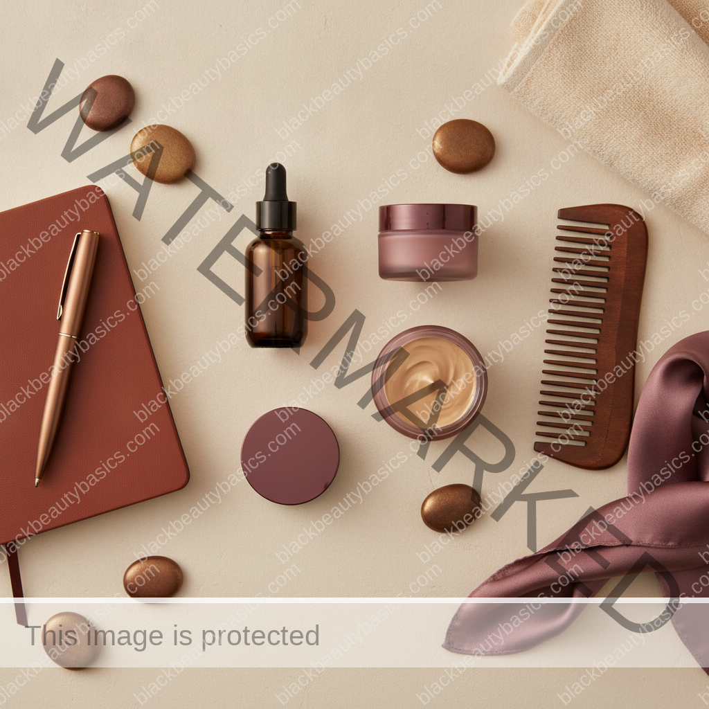 Clean intentional beauty flat lay for Building a Beauty Routine That Works for Mothers, Caregivers, and Busy Schedules in ivory plum bronze and soft gold tones