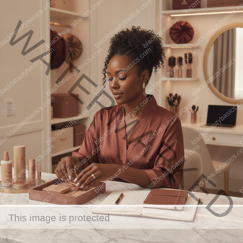 Melanin-rich Black woman with rich brown skin completing an intentional beauty decision step with natural hands