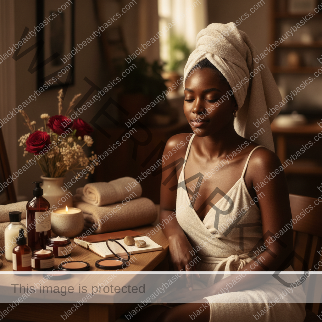 Melanin-rich Black woman with rich brown skin relaxed after a calm beauty ritual
