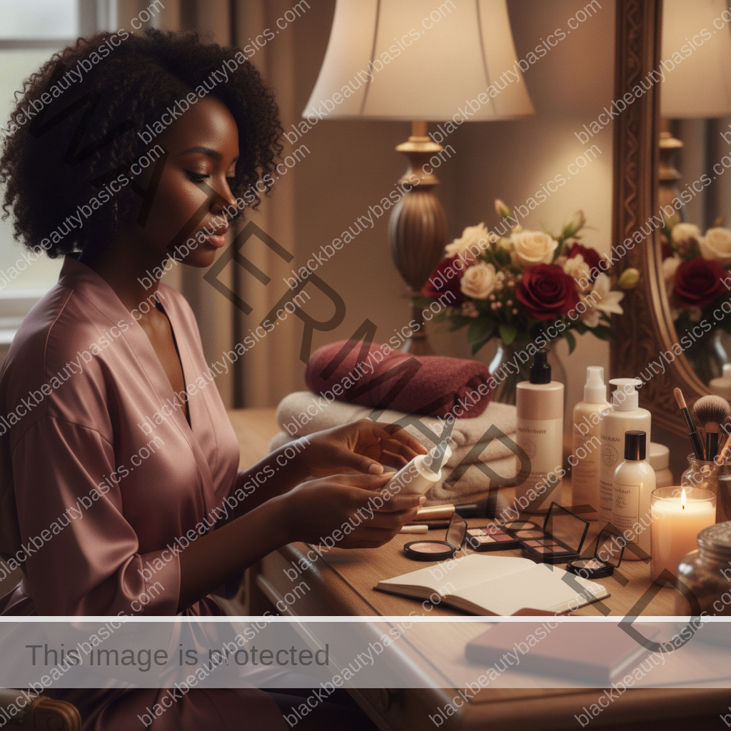 Melanin-rich Black woman with rich brown skin arranging beauty products in a realistic ritual setting