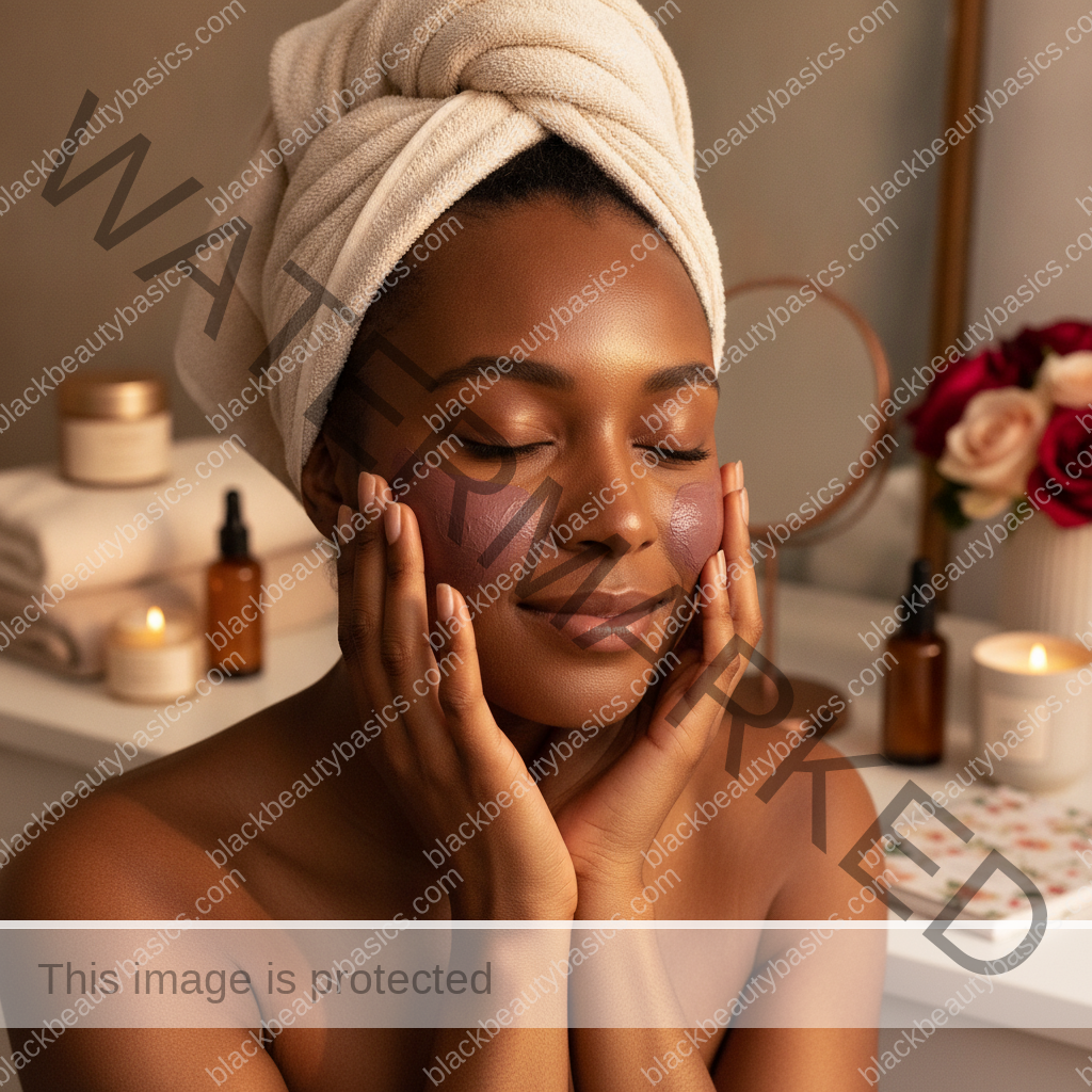 Melanin-rich Black woman with rich brown skin in a calm self-care ritual moment