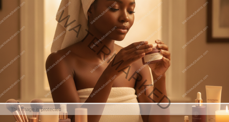Melanin-rich Black woman with rich brown skin in a warm editorial beauty ritual moment for Beauty Traditions That May Need Updating for Scalp, Skin, or Consent Reasons