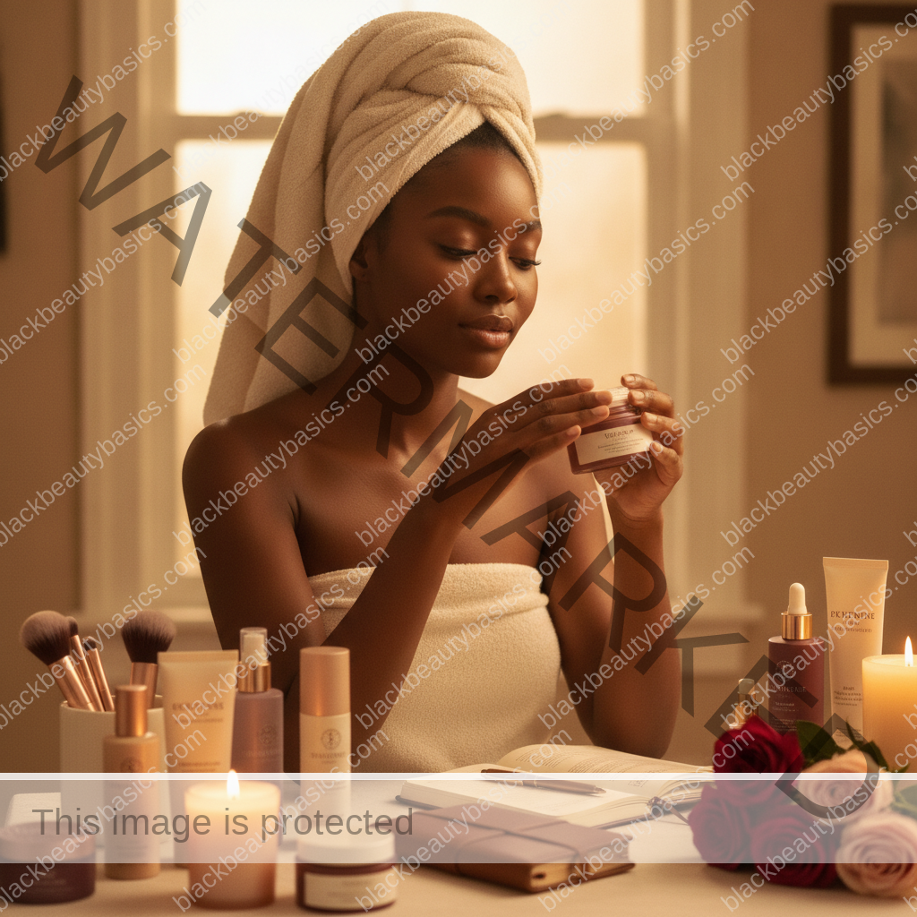 Melanin-rich Black woman with rich brown skin in a warm editorial beauty ritual moment for Beauty Traditions That May Need Updating for Scalp, Skin, or Consent Reasons