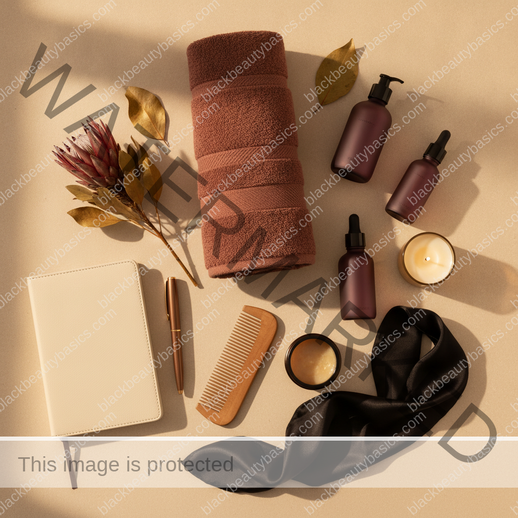 Clean self-care and beauty ritual flat lay for Beauty Traditions That May Need Updating for Scalp, Skin, or Consent Reasons in ivory plum bronze and soft gold tones