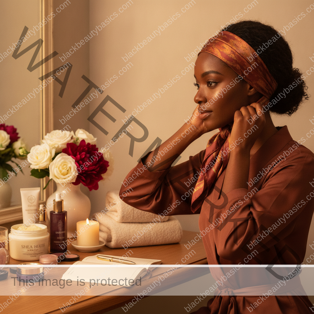 Melanin-rich Black woman with rich brown skin completing a gentle beauty ritual step with natural hands