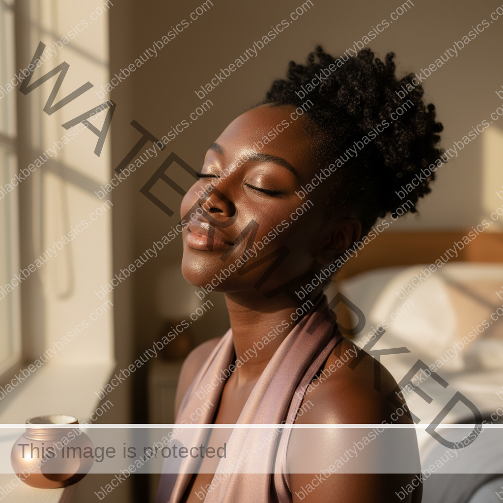 Black woman with deep skin relaxed after a gentle acne-safe skincare routine