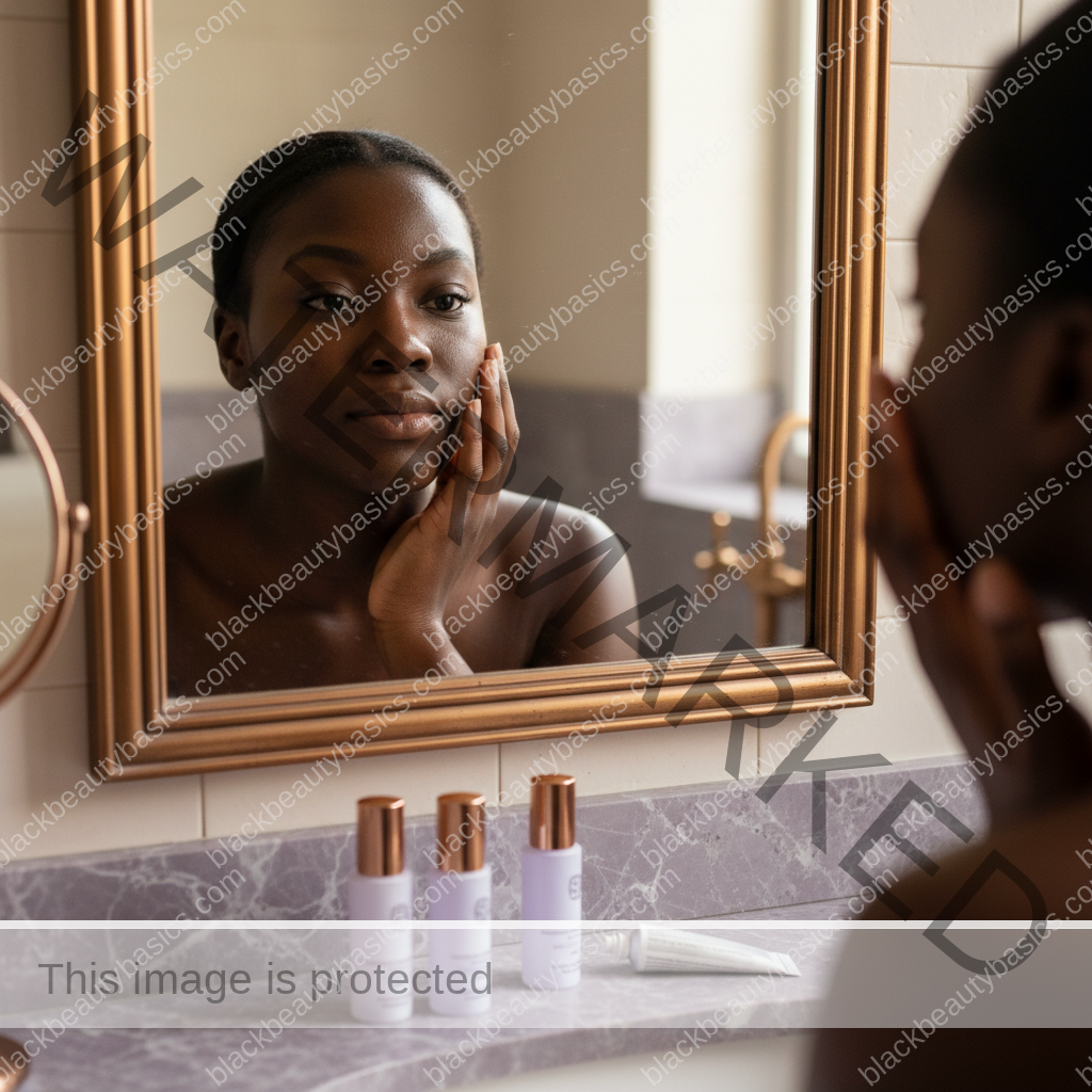 Black woman with richly melanated skin reflecting gently during an acne care routine