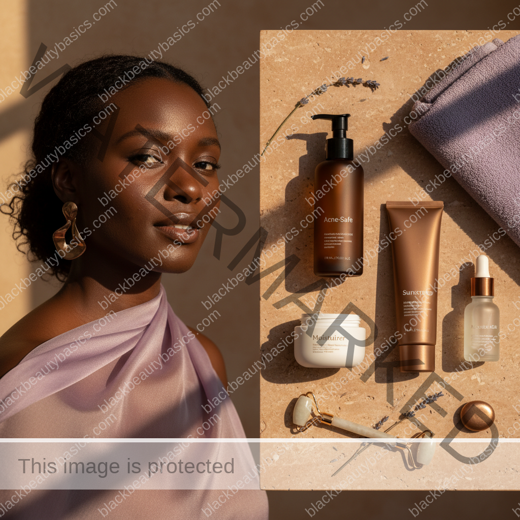 Acne-safe skincare essentials arranged for Beginner Adapalene Routine for Melanin-Rich Skin