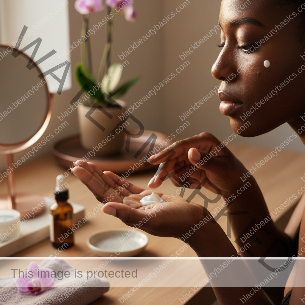Black woman applying a gentle acne routine step for Beginner Adapalene Routine for Melanin-Rich Skin