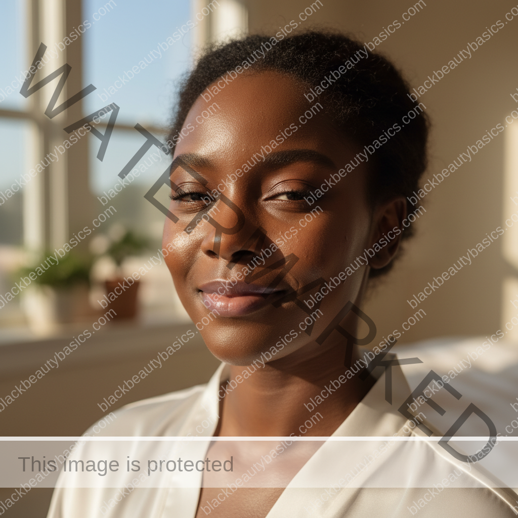 Black woman with deep skin relaxed after a gentle acne-safe skincare routine