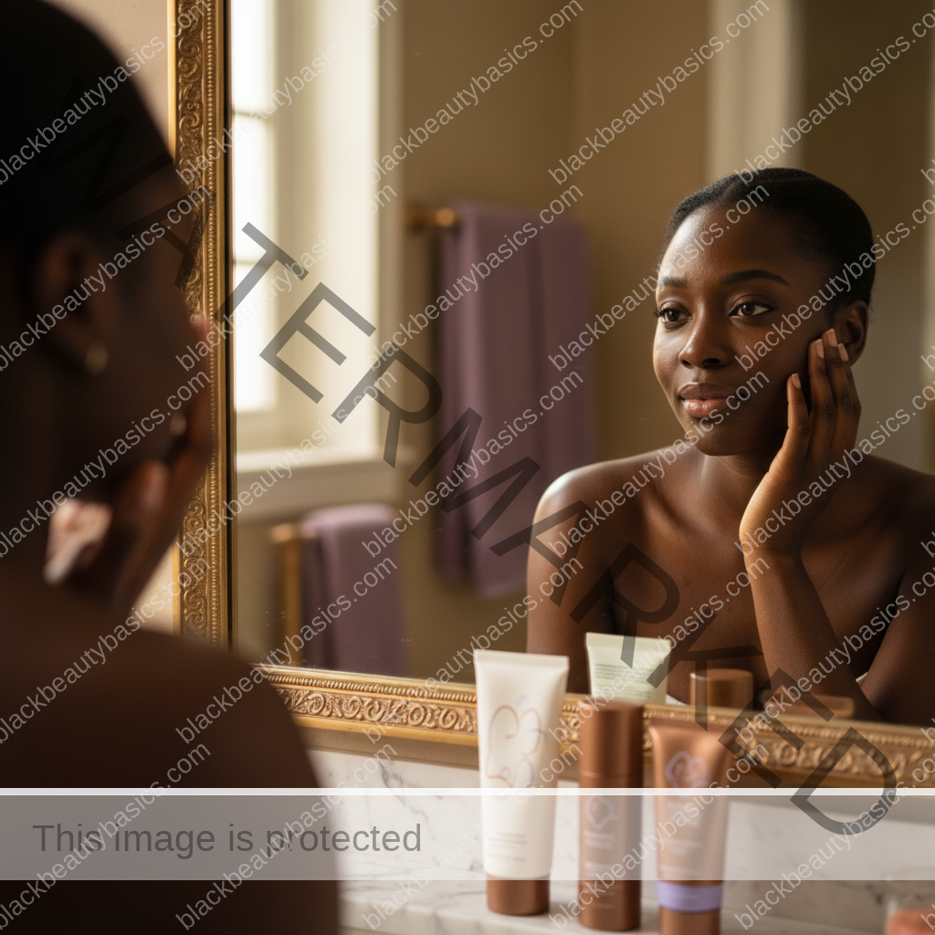 Black woman with richly melanated skin reflecting gently during an acne care routine