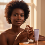 Black woman with deep skin in a calm acne-safe skincare moment for Beginner Benzoyl Peroxide Routine for Dark Skin