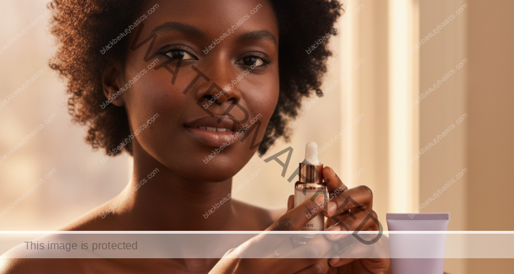 Black woman with deep skin in a calm acne-safe skincare moment for Beginner Benzoyl Peroxide Routine for Dark Skin
