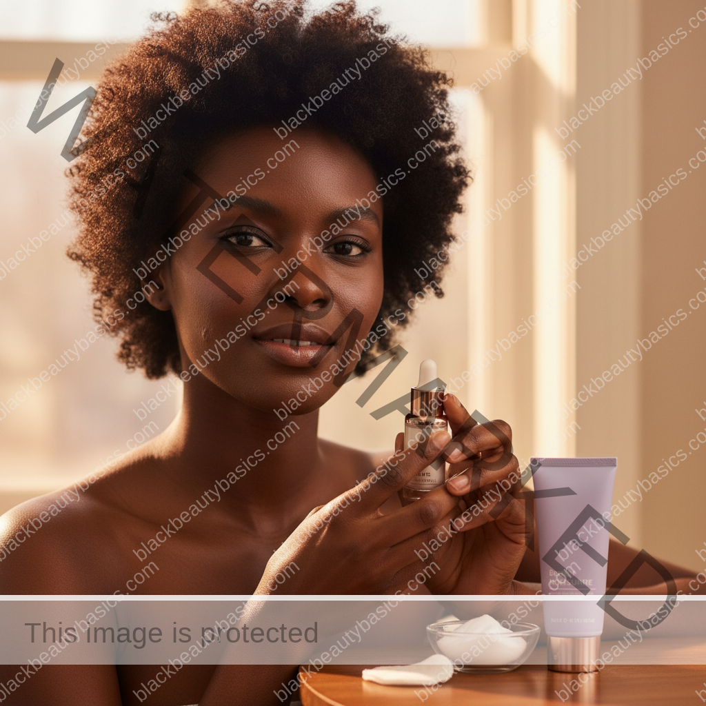 Black woman with deep skin in a calm acne-safe skincare moment for Beginner Benzoyl Peroxide Routine for Dark Skin