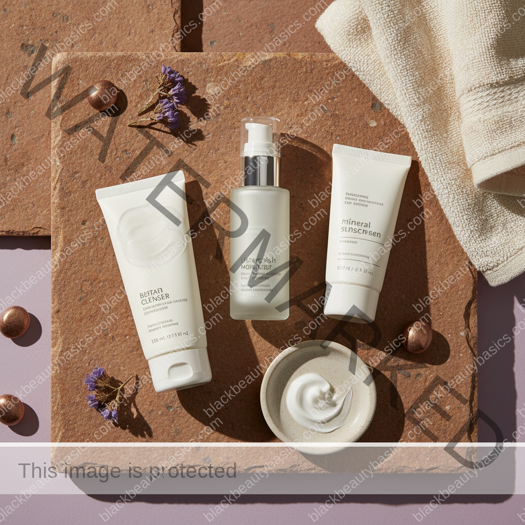 Acne-safe skincare essentials arranged for Beginner Benzoyl Peroxide Routine for Dark Skin
