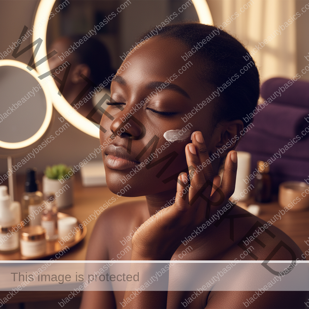 Black woman applying a gentle acne routine step for Beginner Benzoyl Peroxide Routine for Dark Skin