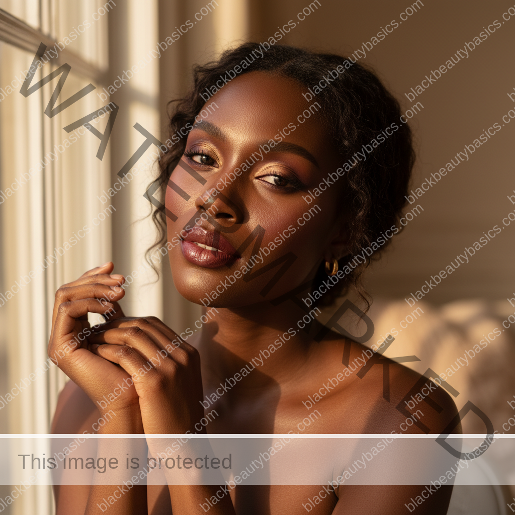 Melanin-rich Black woman with rich brown skin and textured hair relaxed with dimensional makeup for deep skin