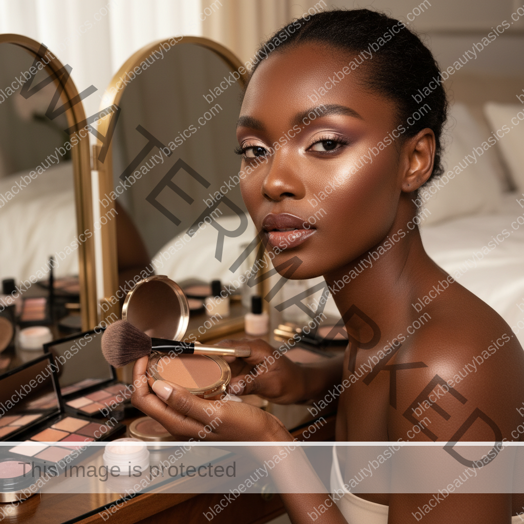 Melanin-rich Black woman with rich brown skin and textured hair in a warm editorial makeup moment for Best Bronzer Tones for Deep Skin That Don't Look Orange