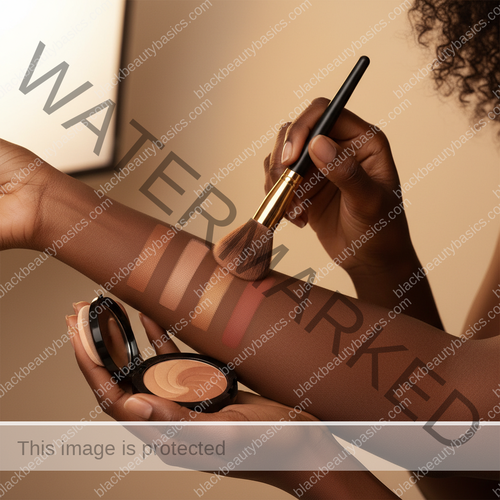 Melanin-rich Black woman with rich brown skin and textured hair using a practical makeup application step with natural hands and correct anatomy
