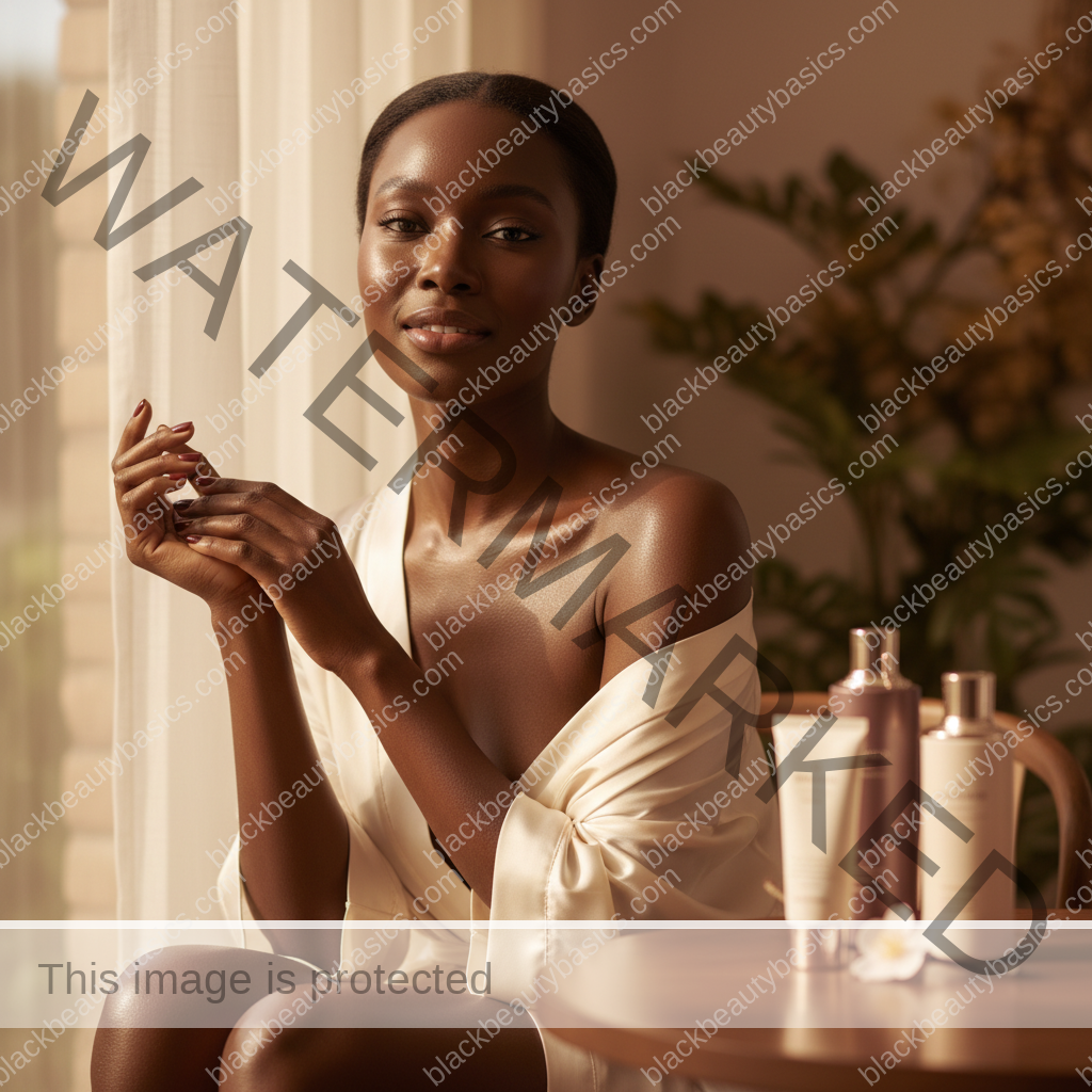 Melanin-rich Black woman with rich brown skin relaxed after a gentle body care routine