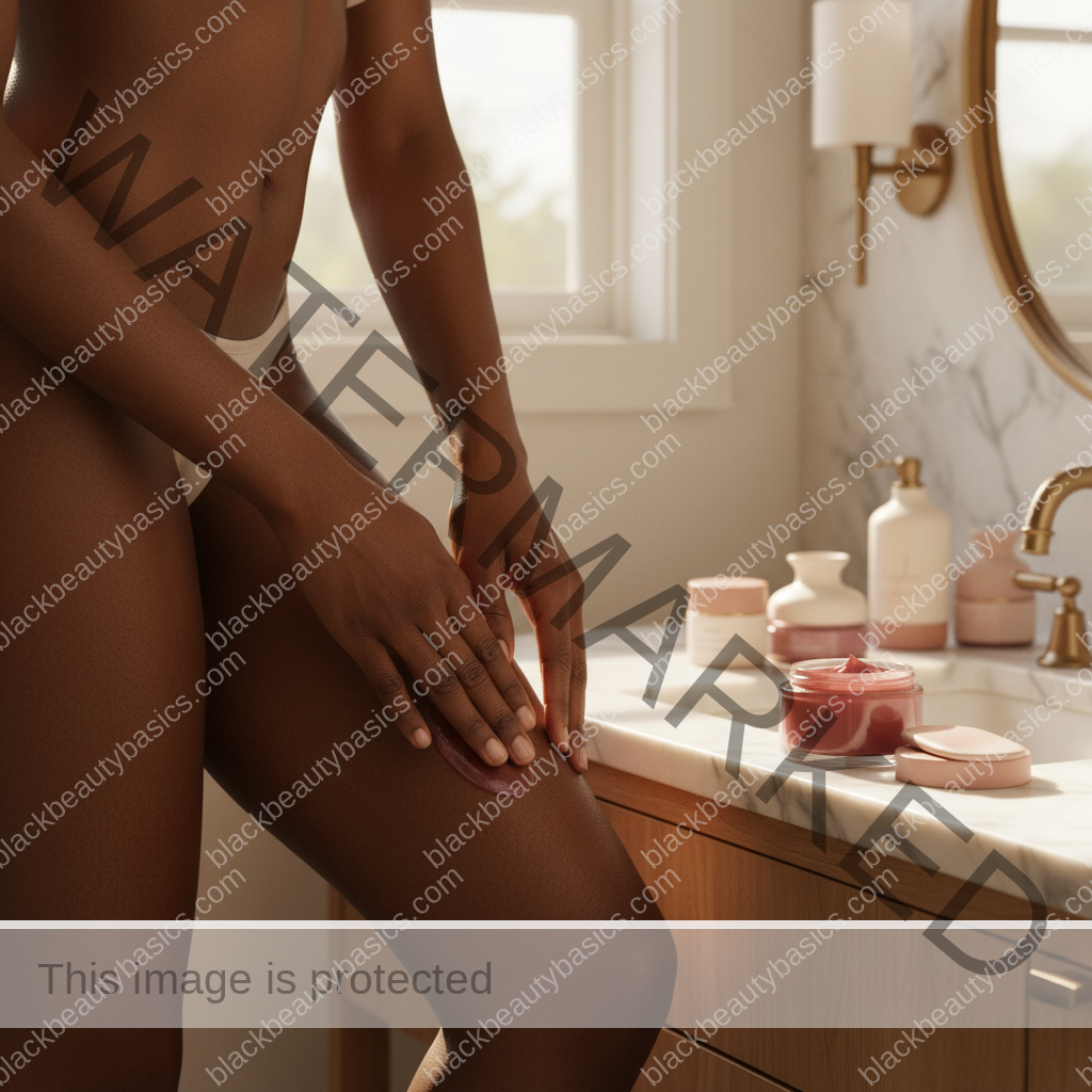 Melanin-rich Black woman with rich brown skin in a warm editorial body care moment for Best Post-Wax Care for Melanin-Rich Skin